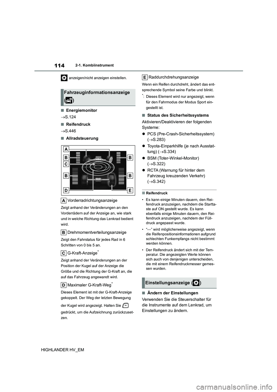 TOYOTA HIGHLANDER 2020 Betriebsanleitungen (in German) 1142-1. Kombiinstrument
HIGHLANDER HV_EM
anzeigen/nicht anzeigen einstellen.
■Energiemonitor
S.124
■Reifendruck
S.446
■Allradsteuerung
Vorderradrichtungsanzeige
Zeigt anhand der Ver TOYOTA HIGHLANDER 2020 Betriebsanleitungen (in German) 1142-1. Kombiinstrument
HIGHLANDER HV_EM
anzeigen/nicht anzeigen einstellen.
■Energiemonitor
S.124
■Reifendruck
S.446
■Allradsteuerung
Vorderradrichtungsanzeige
Zeigt anhand der Ver
