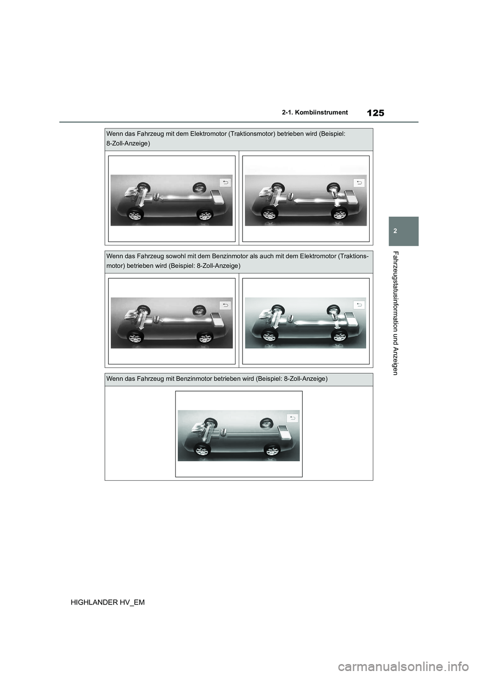 TOYOTA HIGHLANDER 2020 Betriebsanleitungen (in German) 125
2
2-1. Kombiinstrument
Fahrzeugstatusinformation und Anzeigen
HIGHLANDER HV_EM
Wenn das Fahrzeug mit dem Elektromotor (Tra ktionsmotor) betrieben wird (Beispiel:
8-Zoll-Anzeige)
Wenn das Fahrze TOYOTA HIGHLANDER 2020 Betriebsanleitungen (in German) 125
2
2-1. Kombiinstrument
Fahrzeugstatusinformation und Anzeigen
HIGHLANDER HV_EM
Wenn das Fahrzeug mit dem Elektromotor (Tra ktionsmotor) betrieben wird (Beispiel:
8-Zoll-Anzeige)
Wenn das Fahrze