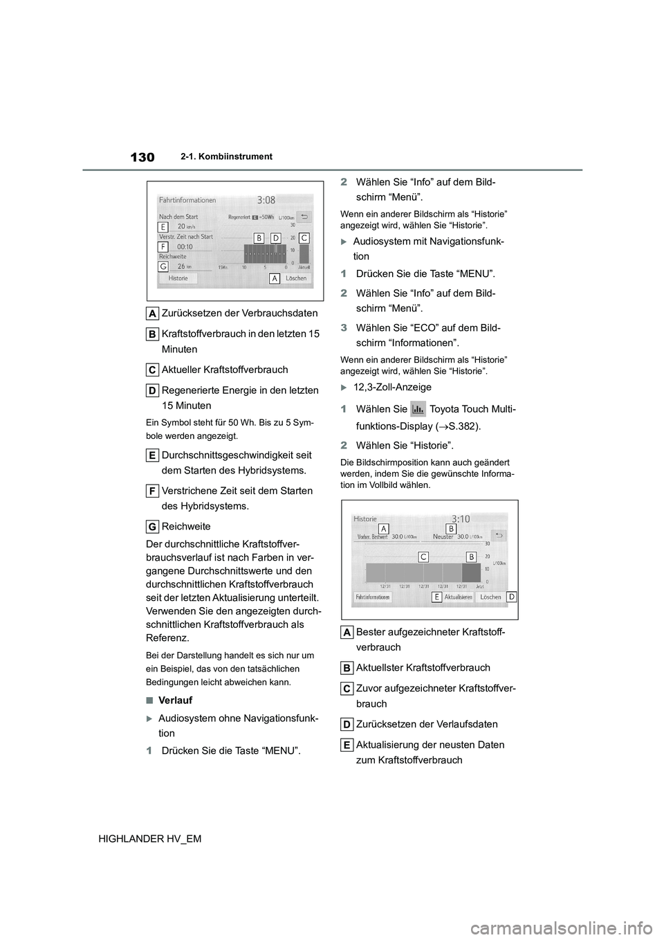 TOYOTA HIGHLANDER 2020 Betriebsanleitungen (in German) 1302-1. Kombiinstrument
HIGHLANDER HV_EM
Zurücksetzen der Verbrauchsdaten
Kraftstoffverbrauch in den letzten 15
Minuten
Aktueller Kraftstoffverbrauch
Regenerierte Energie in den letzten
15 Mi TOYOTA HIGHLANDER 2020 Betriebsanleitungen (in German) 1302-1. Kombiinstrument
HIGHLANDER HV_EM
Zurücksetzen der Verbrauchsdaten
Kraftstoffverbrauch in den letzten 15
Minuten
Aktueller Kraftstoffverbrauch
Regenerierte Energie in den letzten
15 Mi