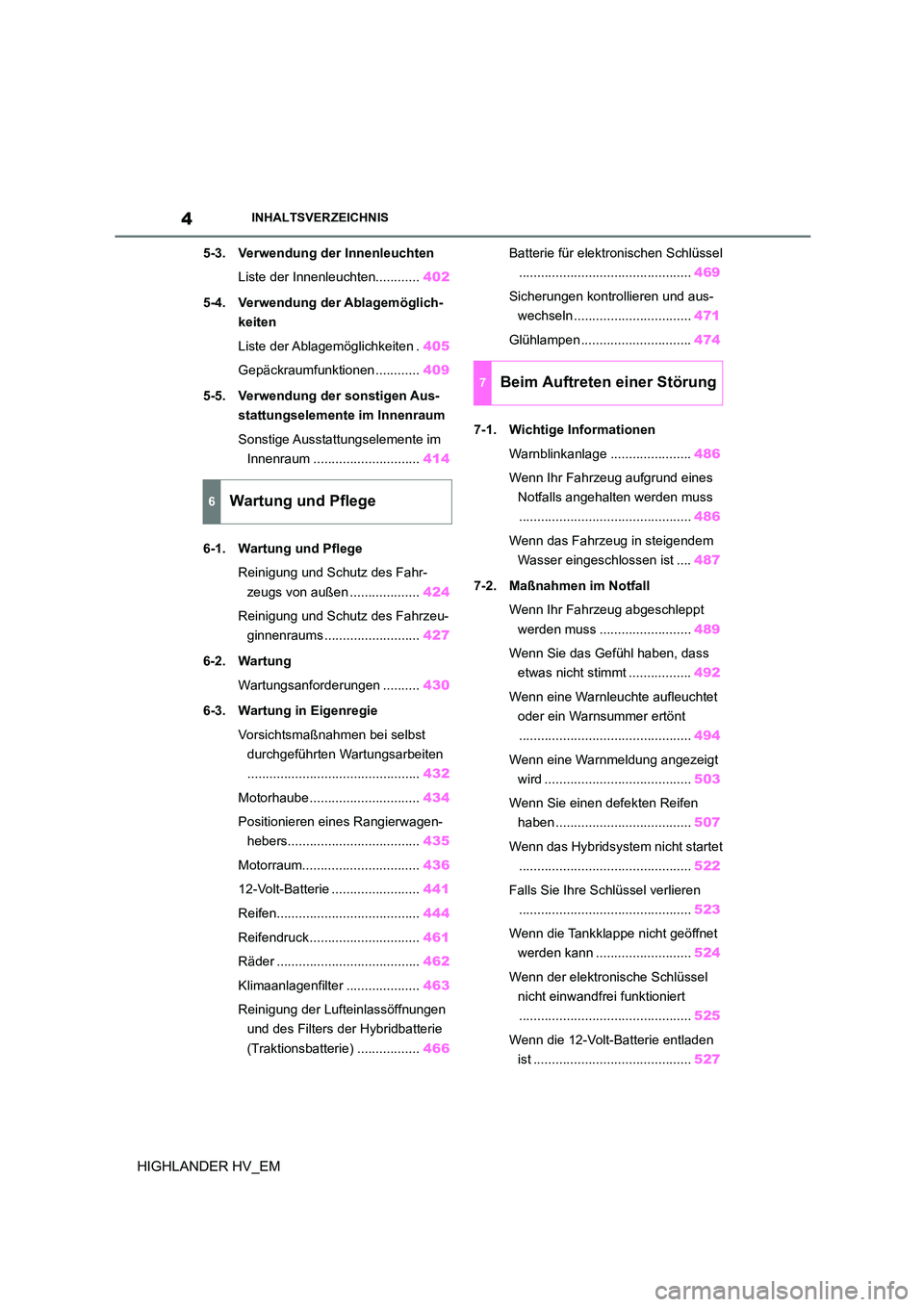 TOYOTA HIGHLANDER 2020  Betriebsanleitungen (in German) 4INHALTSVERZEICHNIS
HIGHLANDER HV_EM
5-3. Verwendung der Innenleuchten 
Liste der Innenleuchten............ 402 
5-4. Verwendung der Ablagemöglich- 
keiten 
Liste der Ablagemöglichkeiten . 405 
Gep