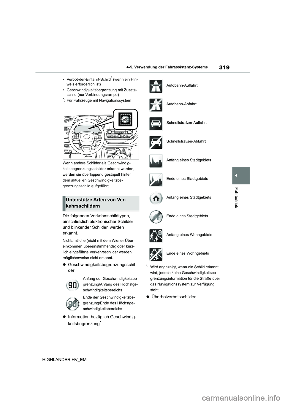 TOYOTA HIGHLANDER 2020 Betriebsanleitungen (in German) 319
4
4-5. Verwendung der Fahrassistenz-Systeme
Fahrbetrieb
HIGHLANDER HV_EM
• Verbot-der-Einfahrt-Schild* (wenn ein Hin-
weis erforderlich ist)
• Geschwindigkeitsbegrenzung mit Zusatz- schild TOYOTA HIGHLANDER 2020 Betriebsanleitungen (in German) 319
4
4-5. Verwendung der Fahrassistenz-Systeme
Fahrbetrieb
HIGHLANDER HV_EM
• Verbot-der-Einfahrt-Schild* (wenn ein Hin-
weis erforderlich ist)
• Geschwindigkeitsbegrenzung mit Zusatz- schild