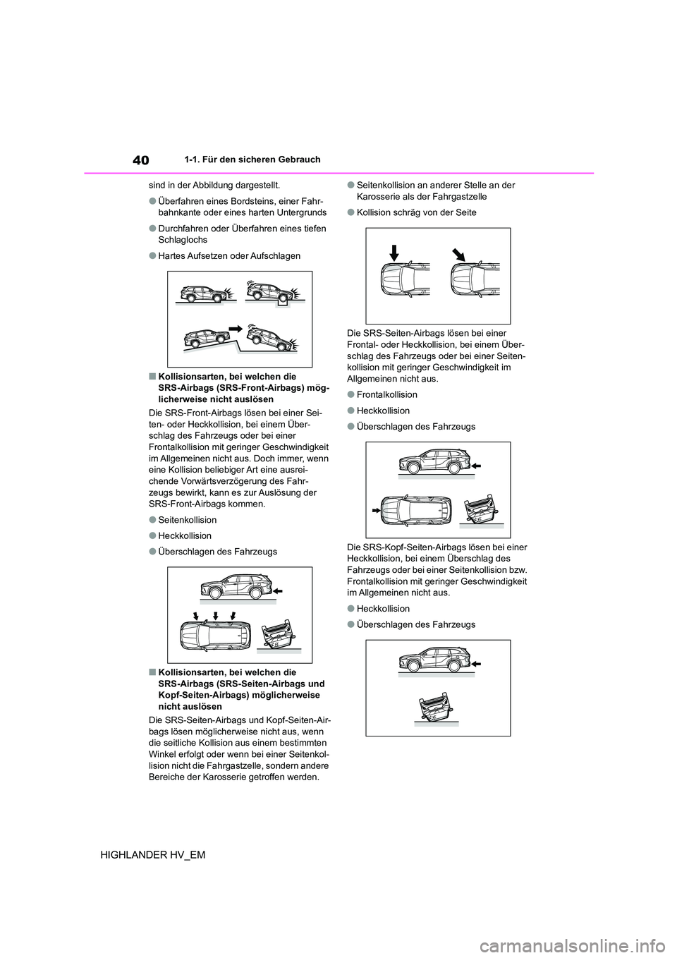 TOYOTA HIGHLANDER 2020  Betriebsanleitungen (in German) 401-1. Für den sicheren Gebrauch
HIGHLANDER HV_EM
sind in der Abbildung dargestellt.
●Überfahren eines Bordsteins, einer Fahr- 
bahnkante oder eines harten Untergrunds
●Durchfahren oder Überfah