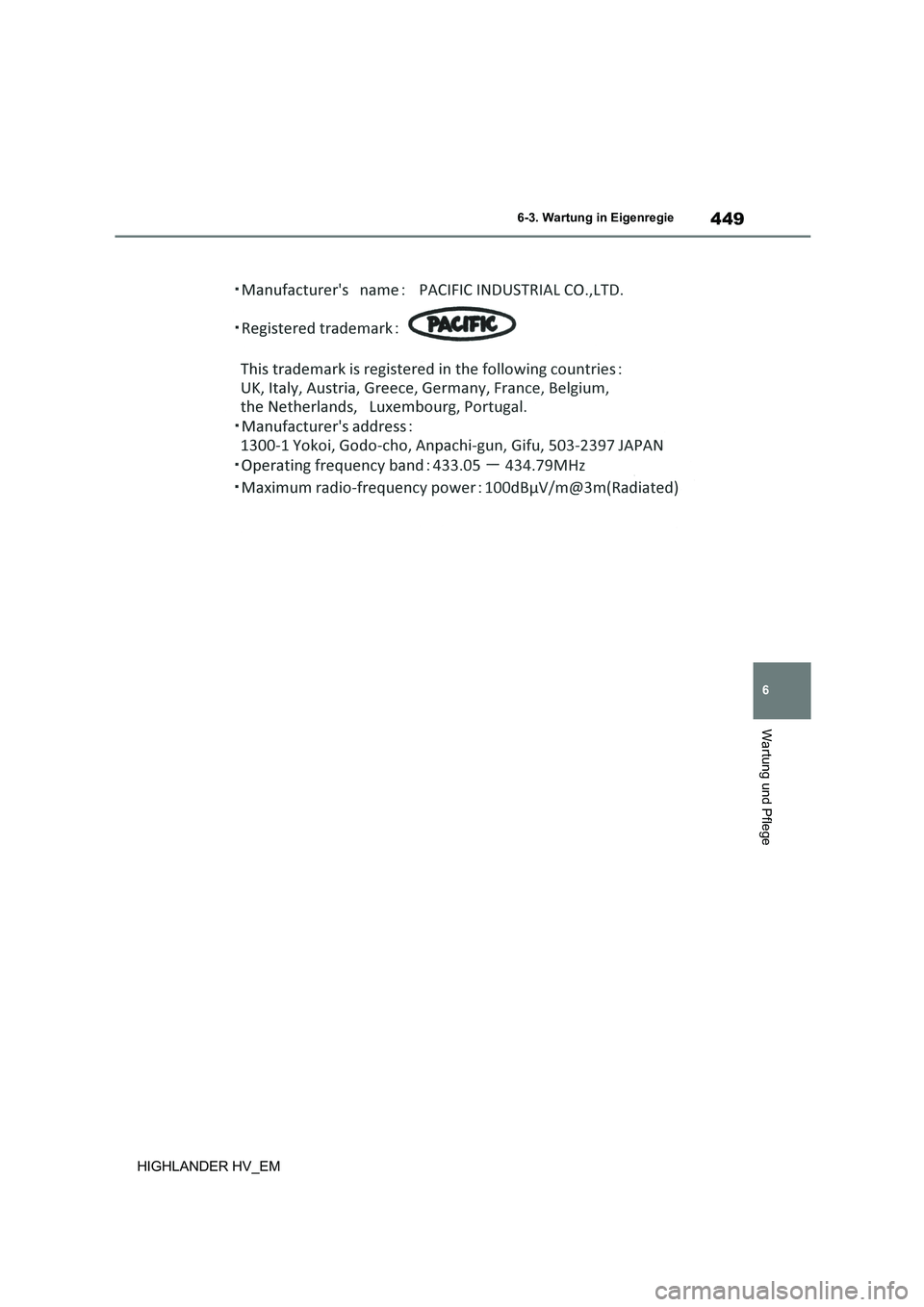 TOYOTA HIGHLANDER 2020 Betriebsanleitungen (in German) 449
6
6-3. Wartung in Eigenregie
Wartung und Pflege
HIGHLANDER HV_EM TOYOTA HIGHLANDER 2020 Betriebsanleitungen (in German) 449
6
6-3. Wartung in Eigenregie
Wartung und Pflege
HIGHLANDER HV_EM