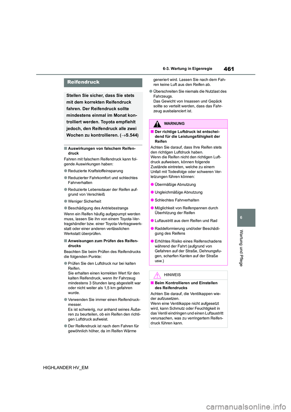 TOYOTA HIGHLANDER 2020 Betriebsanleitungen (in German) 461
6
6-3. Wartung in Eigenregie
Wartung und Pflege
HIGHLANDER HV_EM
■Auswirkungen von falschem Reifen- druck
Fahren mit falschem Reifendruck kann fol-
gende Auswirkungen haben:
●Reduzierte Kr TOYOTA HIGHLANDER 2020 Betriebsanleitungen (in German) 461
6
6-3. Wartung in Eigenregie
Wartung und Pflege
HIGHLANDER HV_EM
■Auswirkungen von falschem Reifen- druck
Fahren mit falschem Reifendruck kann fol-
gende Auswirkungen haben:
●Reduzierte Kr