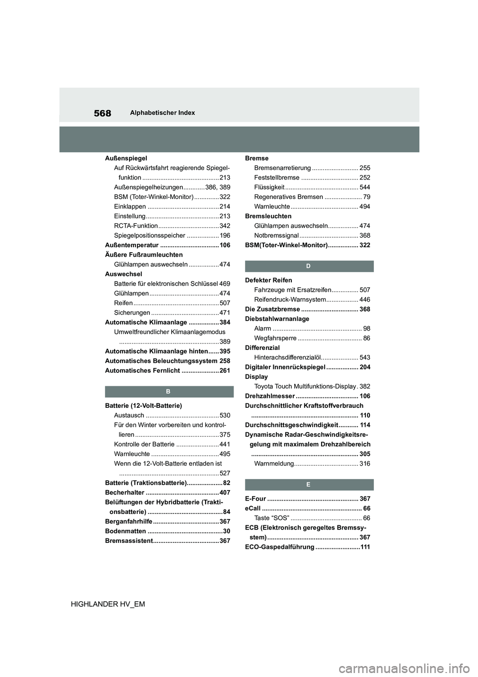 TOYOTA HIGHLANDER 2020 Betriebsanleitungen (in German) 568Alphabetischer Index
HIGHLANDER HV_EM
Außenspiegel
Auf Rückwärtsfahrt reagierende Spiegel-
funktion ........................................... 213
Außenspiegelheizungen............ 386, 389
B TOYOTA HIGHLANDER 2020 Betriebsanleitungen (in German) 568Alphabetischer Index
HIGHLANDER HV_EM
Außenspiegel
Auf Rückwärtsfahrt reagierende Spiegel-
funktion ........................................... 213
Außenspiegelheizungen............ 386, 389
B