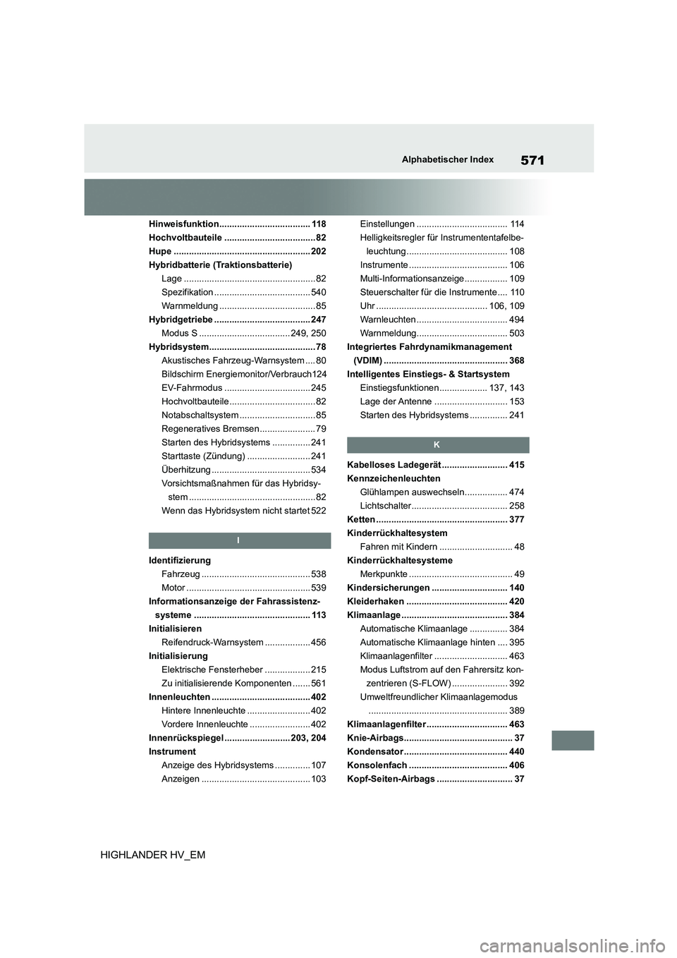 TOYOTA HIGHLANDER 2020  Betriebsanleitungen (in German) 571Alphabetischer Index
HIGHLANDER HV_EM
Hinweisfunktion.................................... 118 
Hochvoltbauteile .................................... 82
Hupe ........................................