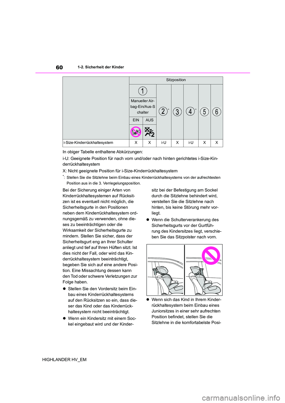 TOYOTA HIGHLANDER 2020  Betriebsanleitungen (in German) 601-2. Sicherheit der Kinder
HIGHLANDER HV_EM 
In obiger Tabelle enthaltene Abkürzungen: 
i-U: Geeignete Position für nach vorn und/oder nach hinten gerichtetes i-Size-Kin- 
derrückhaltesystem 
X: 