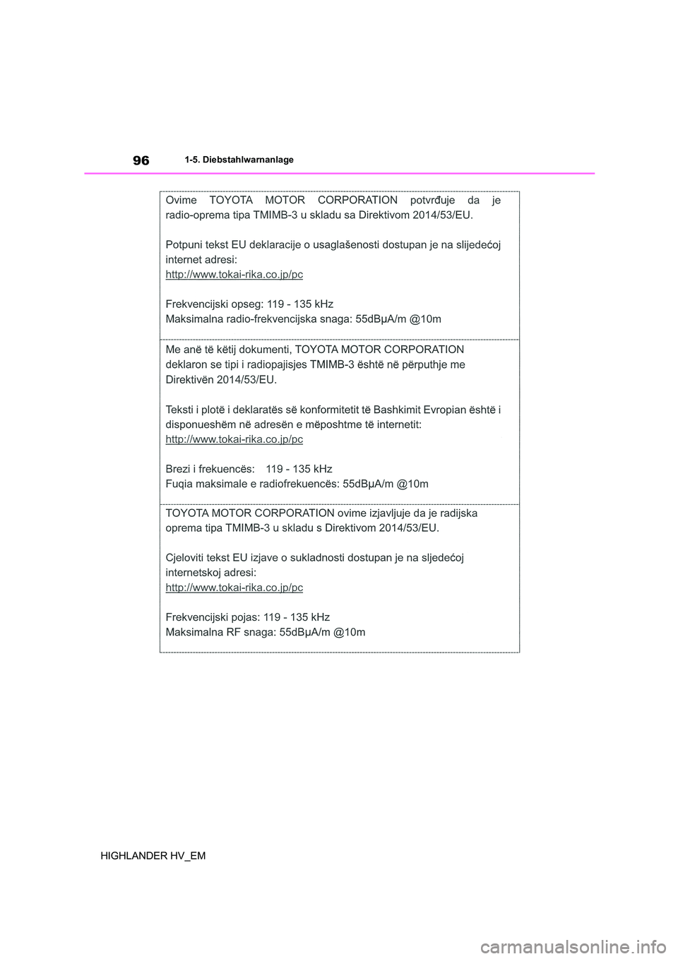 TOYOTA HIGHLANDER 2020  Betriebsanleitungen (in German) 961-5. Diebstahlwarnanlage
HIGHLANDER HV_EM 