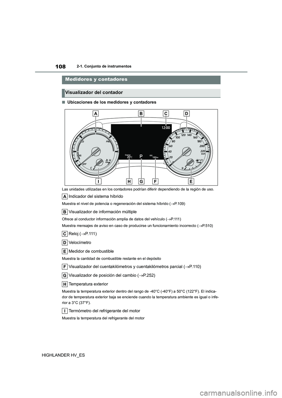 TOYOTA HIGHLANDER 2020 Manual del propietario (in Spanish) 1082-1. Conjunto de instrumentos
HIGHLANDER HV_ES
■Ubicaciones de los medidores y contadores
Las unidades utilizadas en los contadores podrían diferir dependiendo de la región de uso.
Indicador de TOYOTA HIGHLANDER 2020 Manual del propietario (in Spanish) 1082-1. Conjunto de instrumentos
HIGHLANDER HV_ES
■Ubicaciones de los medidores y contadores
Las unidades utilizadas en los contadores podrían diferir dependiendo de la región de uso.
Indicador de