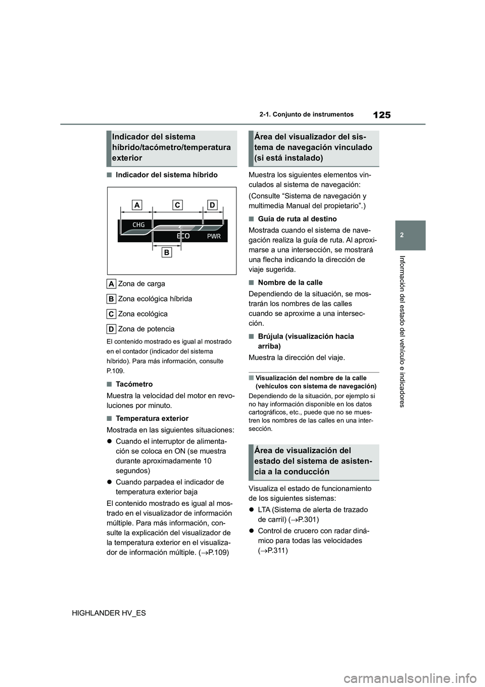 TOYOTA HIGHLANDER 2020 Manual del propietario (in Spanish) 125
2
2-1. Conjunto de instrumentos
Información del estado del vehículo e indicadores
HIGHLANDER HV_ES
■Indicador del sistema híbrido
Zona de carga
Zona ecológica híbrida
Zona ecológica
Zo TOYOTA HIGHLANDER 2020 Manual del propietario (in Spanish) 125
2
2-1. Conjunto de instrumentos
Información del estado del vehículo e indicadores
HIGHLANDER HV_ES
■Indicador del sistema híbrido
Zona de carga
Zona ecológica híbrida
Zona ecológica
Zo
