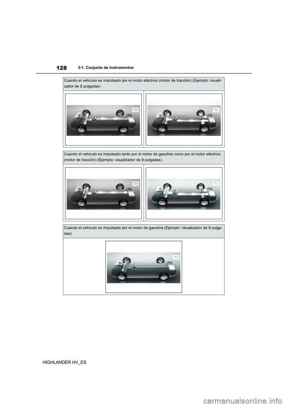 TOYOTA HIGHLANDER 2020 Manual del propietario (in Spanish) 1282-1. Conjunto de instrumentos
HIGHLANDER HV_ES
Cuando el vehículo es impulsado por el motor eléctrico (motor de tracción) (Ejemplo: visuali-
zador de 8 pulgadas)
Cuando el vehículo es impulsad TOYOTA HIGHLANDER 2020 Manual del propietario (in Spanish) 1282-1. Conjunto de instrumentos
HIGHLANDER HV_ES
Cuando el vehículo es impulsado por el motor eléctrico (motor de tracción) (Ejemplo: visuali-
zador de 8 pulgadas)
Cuando el vehículo es impulsad
