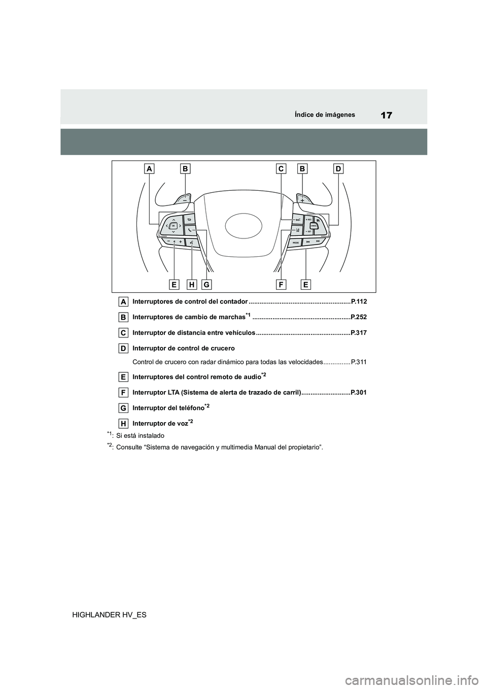 TOYOTA HIGHLANDER 2020 Manual del propietario (in Spanish) 17Índice de imágenes
HIGHLANDER HV_ES
Interruptores de control del contador ........................................................ P.112
Interruptores de cambio de marchas*1...................... TOYOTA HIGHLANDER 2020 Manual del propietario (in Spanish) 17Índice de imágenes
HIGHLANDER HV_ES
Interruptores de control del contador ........................................................ P.112
Interruptores de cambio de marchas*1......................