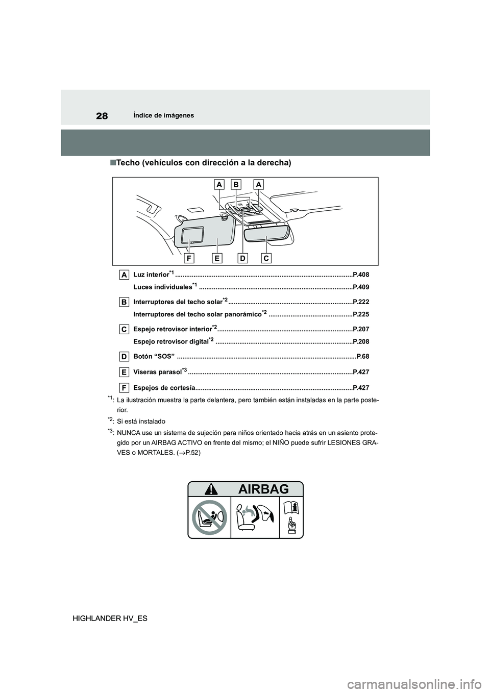 TOYOTA HIGHLANDER 2020 Manual del propietario (in Spanish) 28
HIGHLANDER HV_ES
Índice de imágenes
HIGHLANDER HV_ES
■Techo (vehículos con dirección a la derecha)
Luz interior*1.............................................................................. TOYOTA HIGHLANDER 2020 Manual del propietario (in Spanish) 28
HIGHLANDER HV_ES
Índice de imágenes
HIGHLANDER HV_ES
■Techo (vehículos con dirección a la derecha)
Luz interior*1..............................................................................