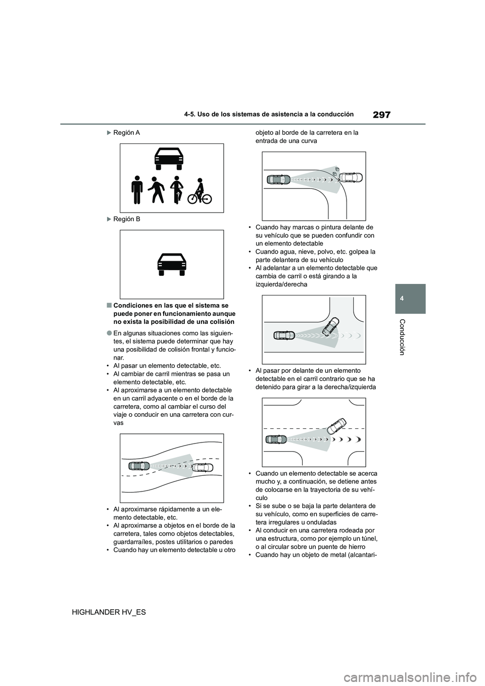 TOYOTA HIGHLANDER 2020  Manual del propietario (in Spanish) 297
4 
4-5. Uso de los sistemas de asistencia a la conducción
Conducción
HIGHLANDER HV_ES
Región A
Región B
■Condiciones en las que el sistema se  puede poner en funcionamiento aunque  
no