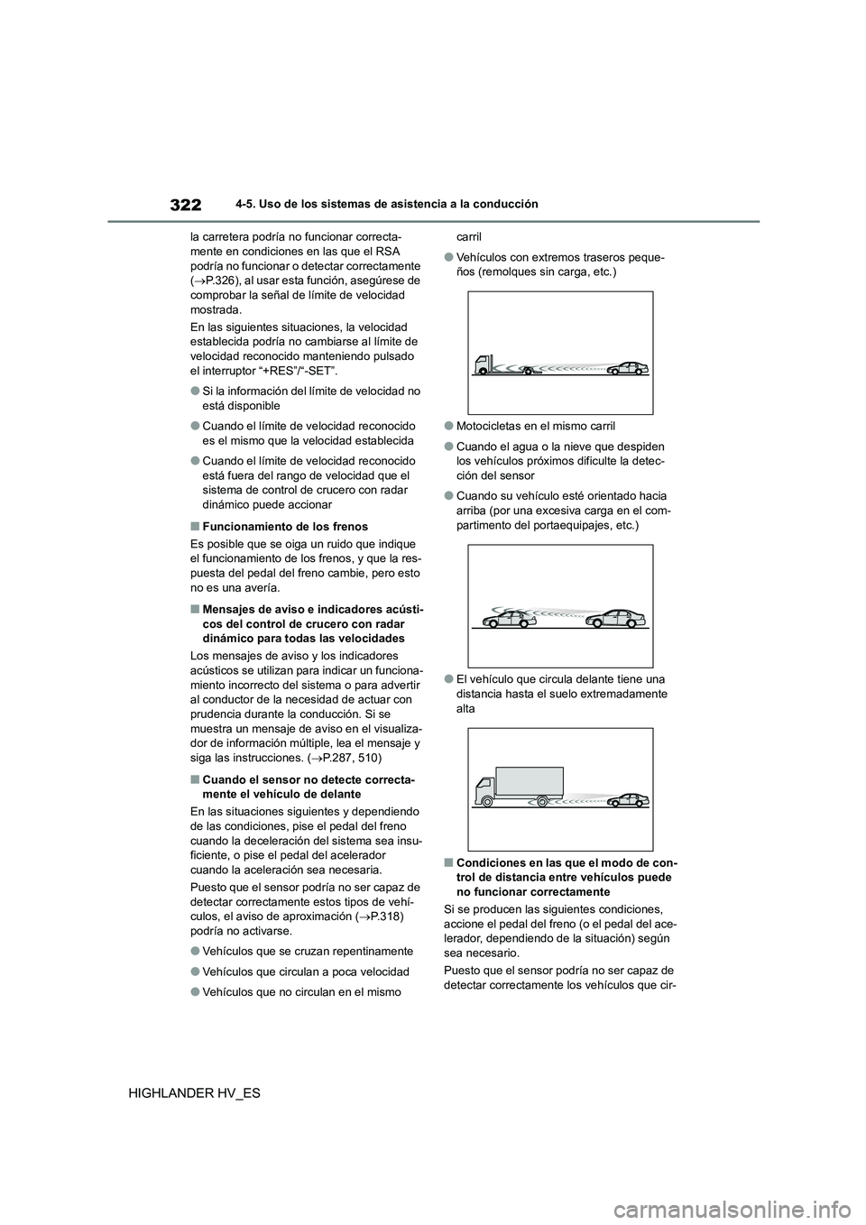 TOYOTA HIGHLANDER 2020  Manual del propietario (in Spanish) 3224-5. Uso de los sistemas de asistencia a la conducción
HIGHLANDER HV_ES
la carretera podría no funcionar correcta- mente en condiciones en las que el RSA  
podría no funcionar o detectar correct