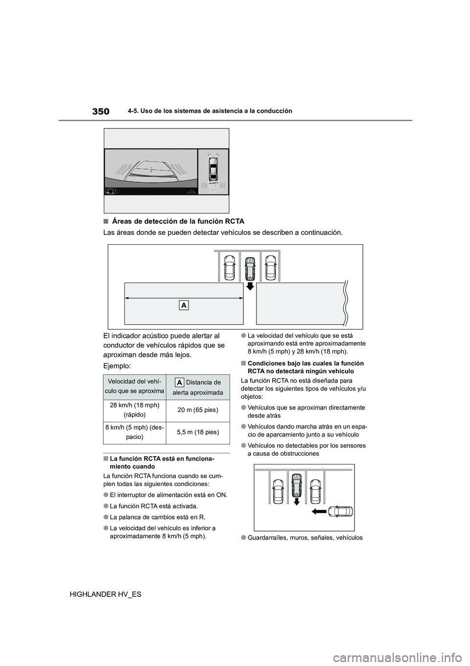 TOYOTA HIGHLANDER 2020  Manual del propietario (in Spanish) 3504-5. Uso de los sistemas de asistencia a la conducción
HIGHLANDER HV_ES
■Áreas de detección de la función RCTA 
Las áreas donde se pueden detectar vehículos se describen a continuación. 
E