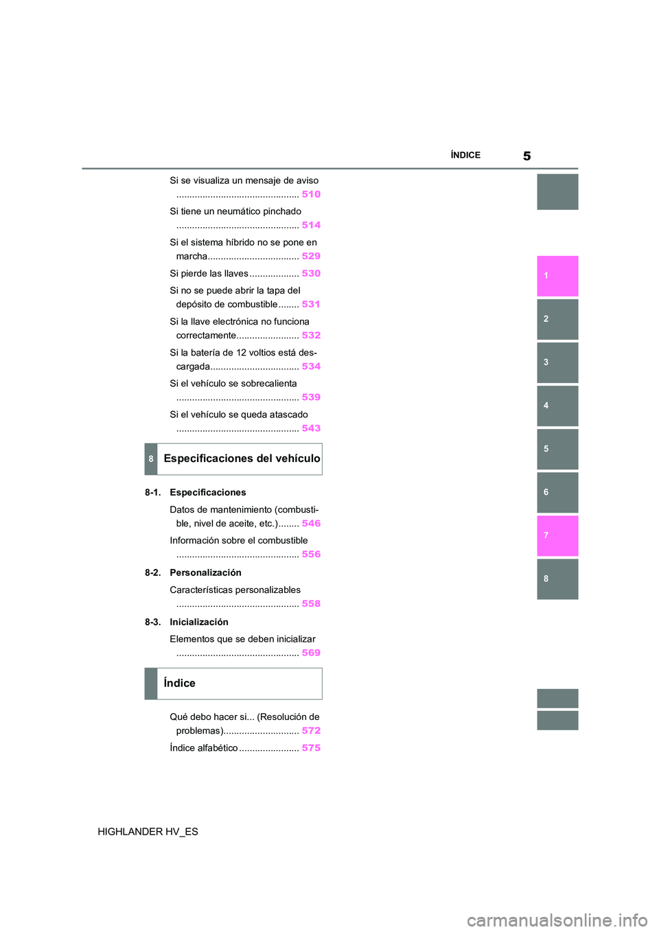 TOYOTA HIGHLANDER 2020  Manual del propietario (in Spanish) 5ÍNDICE
1 
6 
5
4
3
2
8
7
HIGHLANDER HV_ES
Si se visualiza un mensaje de aviso 
............................................... 510 
Si tiene un neumático pinchado 
.................................