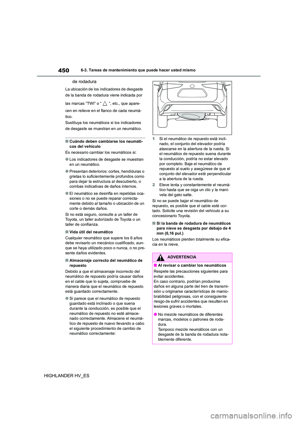 TOYOTA HIGHLANDER 2020  Manual del propietario (in Spanish) 4506-3. Tareas de mantenimiento que puede hacer usted mismo
HIGHLANDER HV_ES 
de rodadura
La ubicación de los i ndicadores de desgaste  
de la banda de rodadura viene indicada por  
las marcas “TWI
