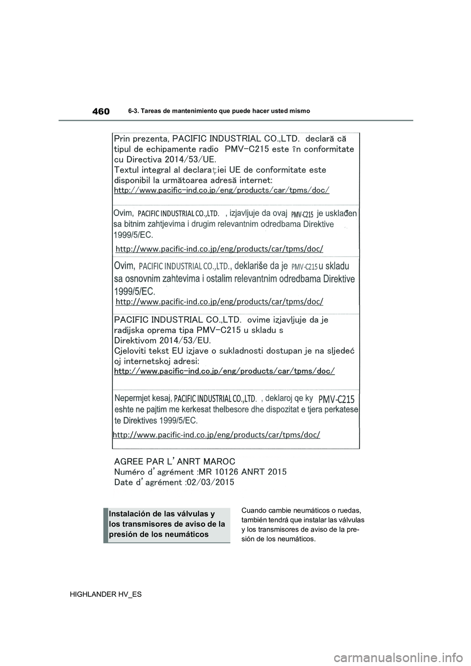TOYOTA HIGHLANDER 2020  Manual del propietario (in Spanish) 4606-3. Tareas de mantenimiento que puede hacer usted mismo
HIGHLANDER HV_ES 
Cuando cambie neumáticos o ruedas,  
también tendrá que instalar las válvulas 
y los transmisores de aviso de la pre-
