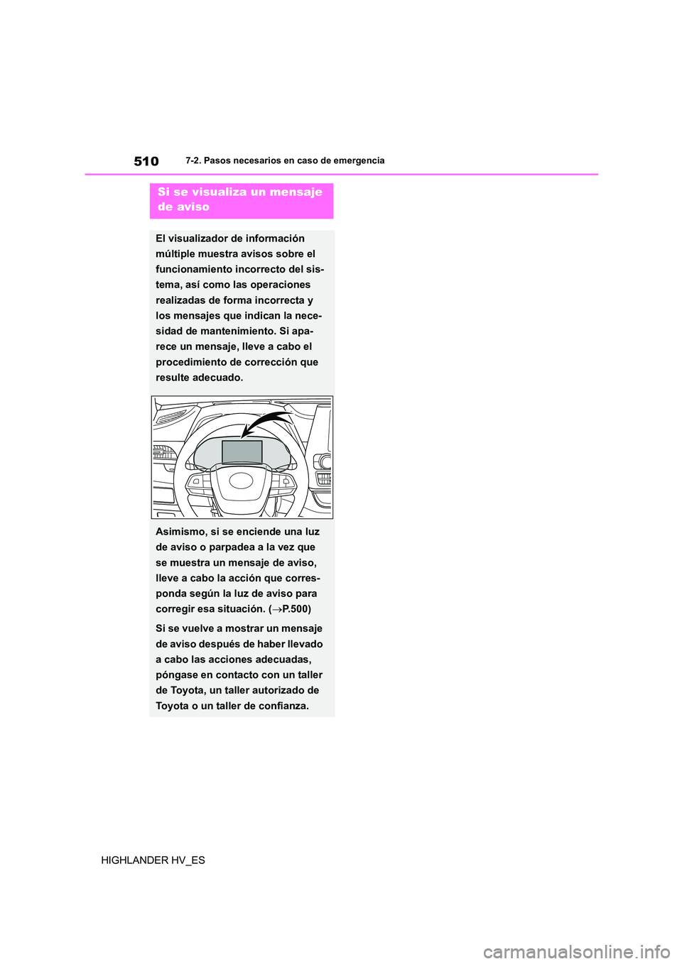 TOYOTA HIGHLANDER 2020 Manual del propietario (in Spanish) 5107-2. Pasos necesarios en caso de emergencia
HIGHLANDER HV_ES
Si se visualiza un mensaje
de aviso
El visualizador de información
múltiple muestra avisos sobre el
funcionamiento incorrecto del TOYOTA HIGHLANDER 2020 Manual del propietario (in Spanish) 5107-2. Pasos necesarios en caso de emergencia
HIGHLANDER HV_ES
Si se visualiza un mensaje
de aviso
El visualizador de información
múltiple muestra avisos sobre el
funcionamiento incorrecto del