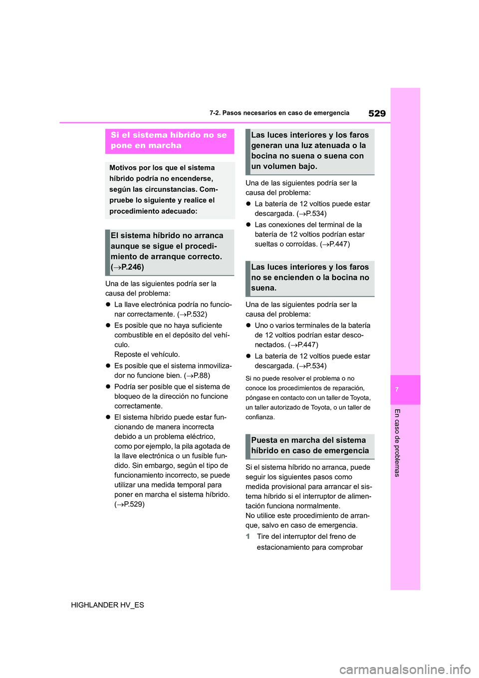 TOYOTA HIGHLANDER 2020  Manual del propietario (in Spanish) 529
7 
7-2. Pasos necesarios en caso de emergencia
En caso de problemas
HIGHLANDER HV_ES 
Una de las siguientes podría ser la  
causa del problema: 
 La llave electrónica podría no funcio- 
nar 