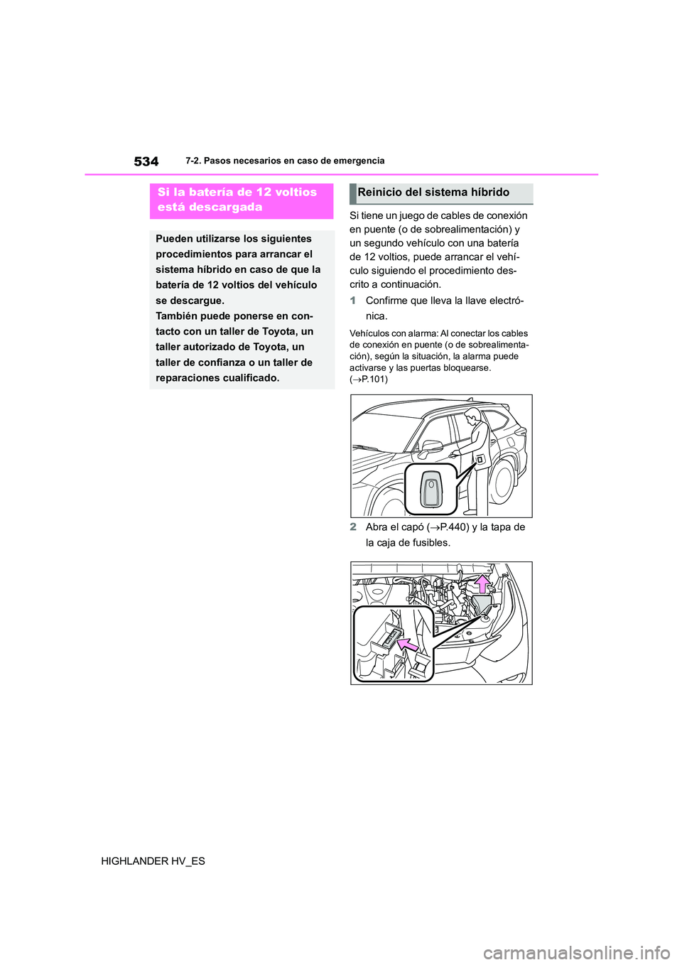 TOYOTA HIGHLANDER 2020 Manual del propietario (in Spanish) 5347-2. Pasos necesarios en caso de emergencia
HIGHLANDER HV_ES
Si tiene un juego de cables de conexión
en puente (o de sobrealimentación) y
un segundo vehículo con una batería
de 12 voltios, TOYOTA HIGHLANDER 2020 Manual del propietario (in Spanish) 5347-2. Pasos necesarios en caso de emergencia
HIGHLANDER HV_ES
Si tiene un juego de cables de conexión
en puente (o de sobrealimentación) y
un segundo vehículo con una batería
de 12 voltios,