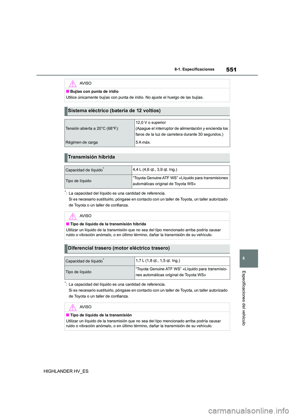 TOYOTA HIGHLANDER 2020 Manual del propietario (in Spanish) 551
8
8-1. Especificaciones
Especificaciones del vehículo
HIGHLANDER HV_ES
*: La capacidad del líquido es una cantidad de referencia.
Si es necesario sustituirlo, póngase en contacto con un tal TOYOTA HIGHLANDER 2020 Manual del propietario (in Spanish) 551
8
8-1. Especificaciones
Especificaciones del vehículo
HIGHLANDER HV_ES
*: La capacidad del líquido es una cantidad de referencia.
Si es necesario sustituirlo, póngase en contacto con un tal