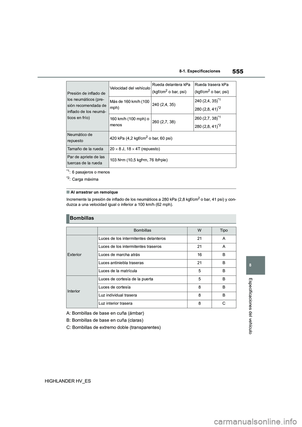 TOYOTA HIGHLANDER 2020 Manual del propietario (in Spanish) 555
8
8-1. Especificaciones
Especificaciones del vehículo
HIGHLANDER HV_ES
*1: 6 pasajeros o menos
*2: Carga máxima
■Al arrastrar un remolque
Incremente la presión de inflado de los neumáticos TOYOTA HIGHLANDER 2020 Manual del propietario (in Spanish) 555
8
8-1. Especificaciones
Especificaciones del vehículo
HIGHLANDER HV_ES
*1: 6 pasajeros o menos
*2: Carga máxima
■Al arrastrar un remolque
Incremente la presión de inflado de los neumáticos
