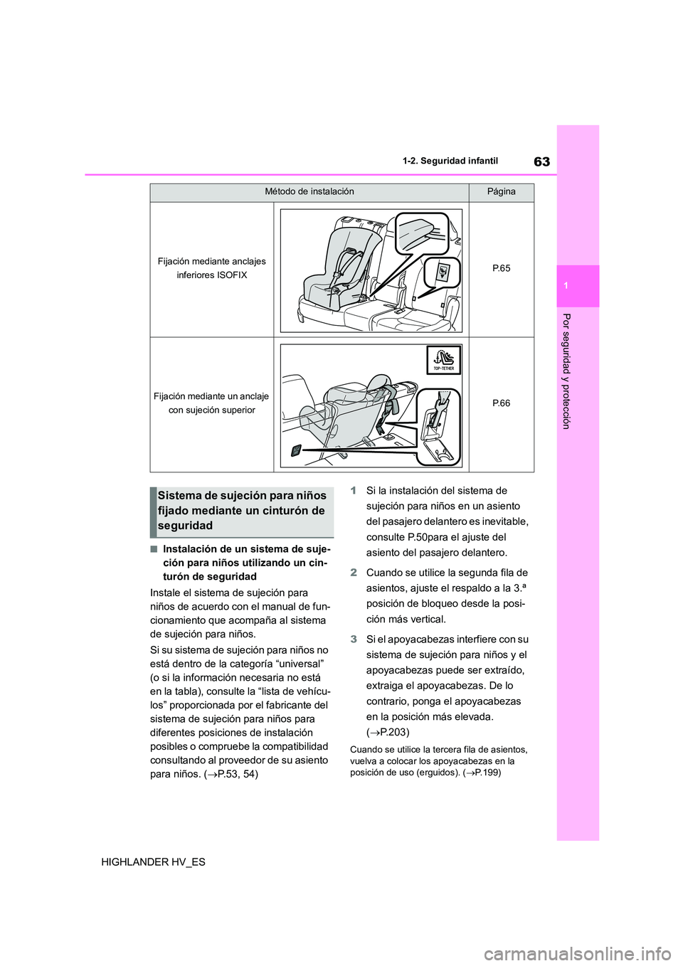 TOYOTA HIGHLANDER 2020  Manual del propietario (in Spanish) 63
1 
1-2. Seguridad infantil
Por seguridad y protección
HIGHLANDER HV_ES
■Instalación de un sistema de suje- 
ción para niños utilizando un cin-
turón de seguridad 
Instale el sistema de sujec