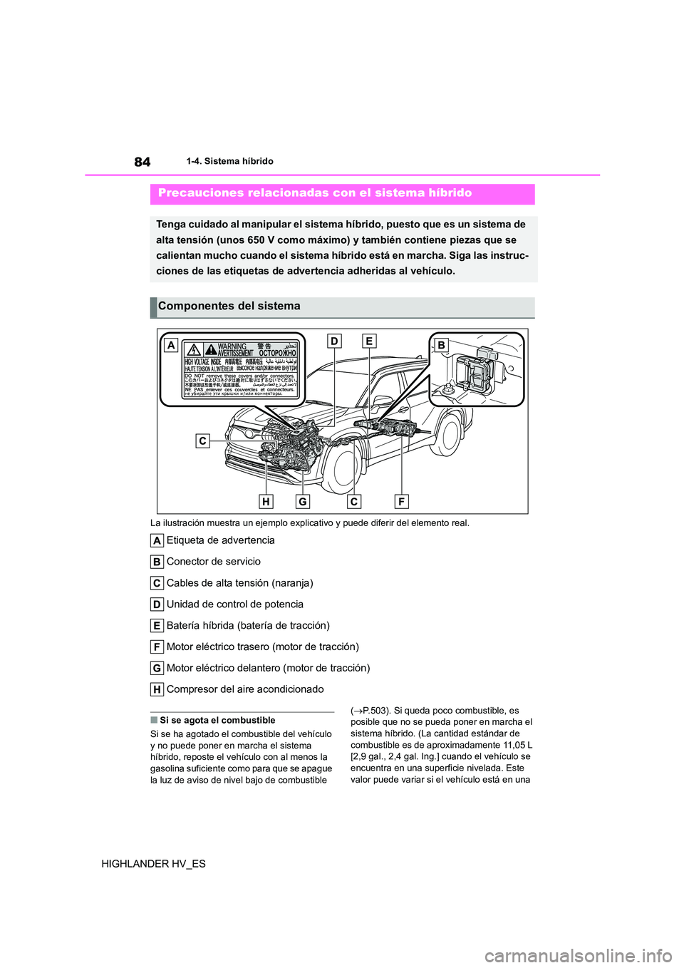 TOYOTA HIGHLANDER 2020  Manual del propietario (in Spanish) 841-4. Sistema híbrido
HIGHLANDER HV_ES
La ilustración muestra un ejemplo explicativo y puede diferir del elemento real.
Etiqueta de advertencia 
Conector de servicio 
Cables de alta tensión (naran