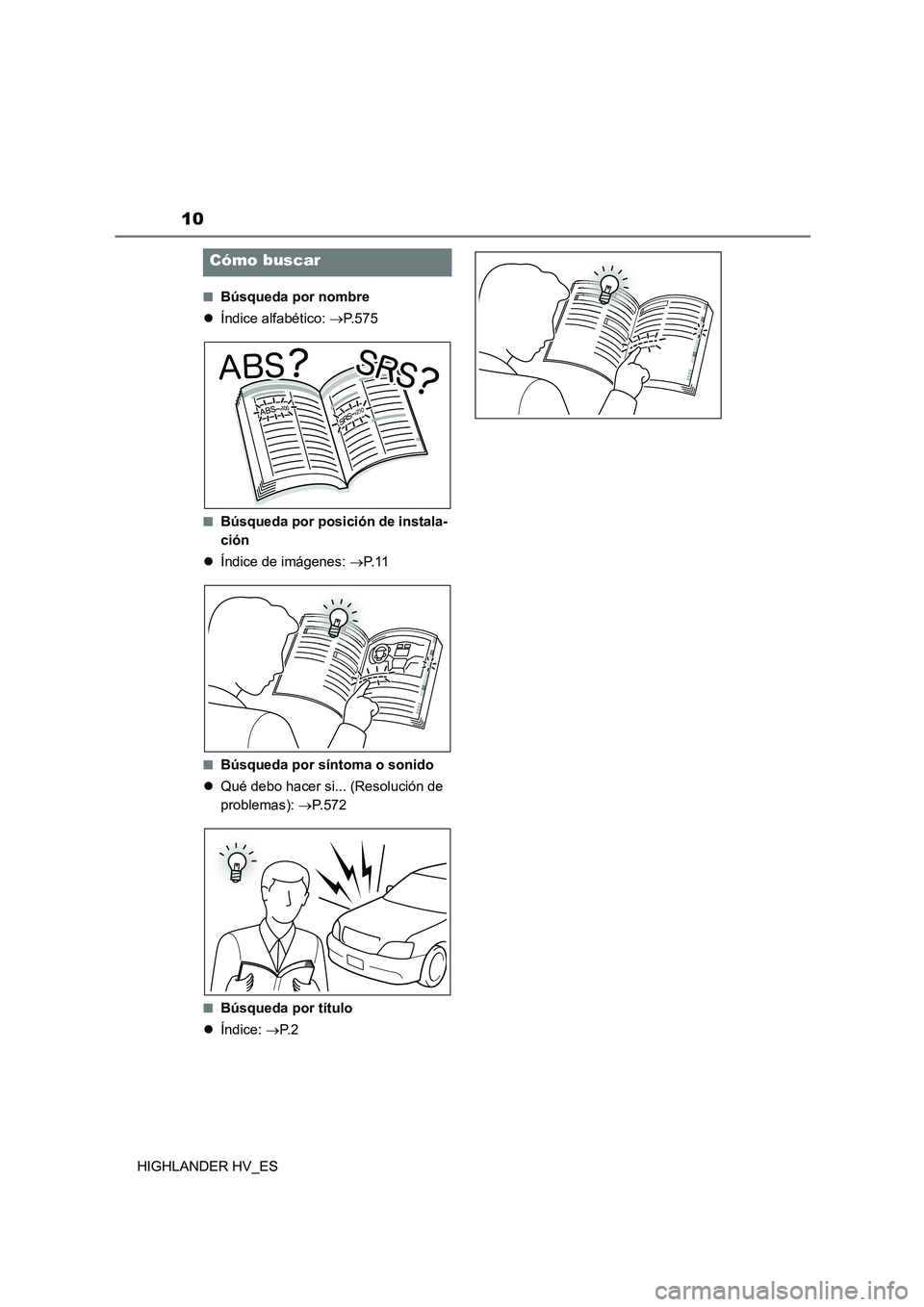 TOYOTA HIGHLANDER 2020  Manual del propietario (in Spanish) 10
HIGHLANDER HV_ES
■Búsqueda por nombre 
 Índice alfabético: P. 5 7 5
■Búsqueda por posición de instala- 
ción 
 Índice de imágenes: P. 1 1
■Búsqueda por síntoma o sonido 