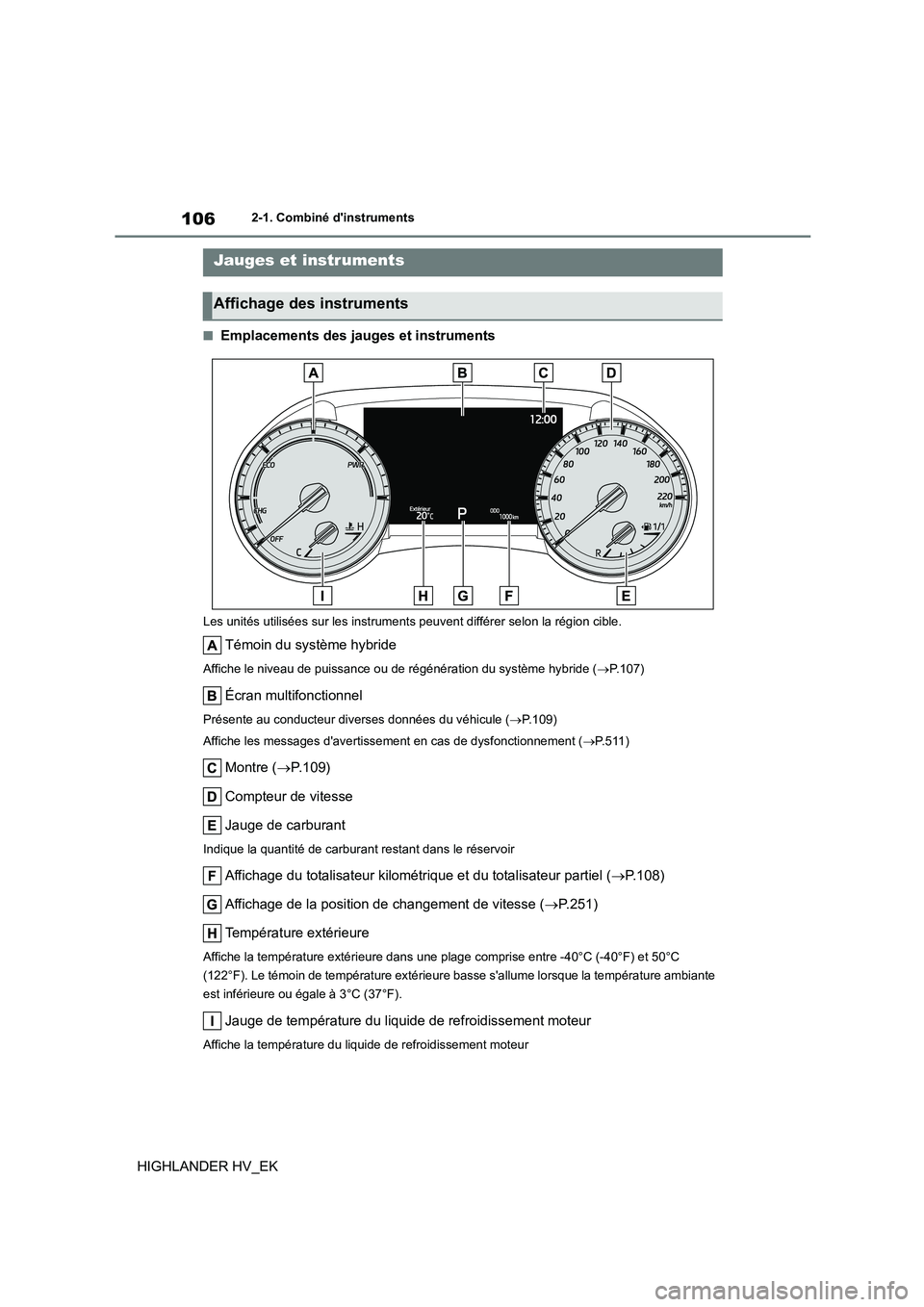 TOYOTA HIGHLANDER 2020 Manuel du propriétaire (in French) 1062-1. Combiné dinstruments
HIGHLANDER HV_EK
■Emplacements des jauges et instruments
Les unités utilisées sur les instruments peuvent différer selon la région cible.
Témoin du système hybri TOYOTA HIGHLANDER 2020 Manuel du propriétaire (in French) 1062-1. Combiné dinstruments
HIGHLANDER HV_EK
■Emplacements des jauges et instruments
Les unités utilisées sur les instruments peuvent différer selon la région cible.
Témoin du système hybri