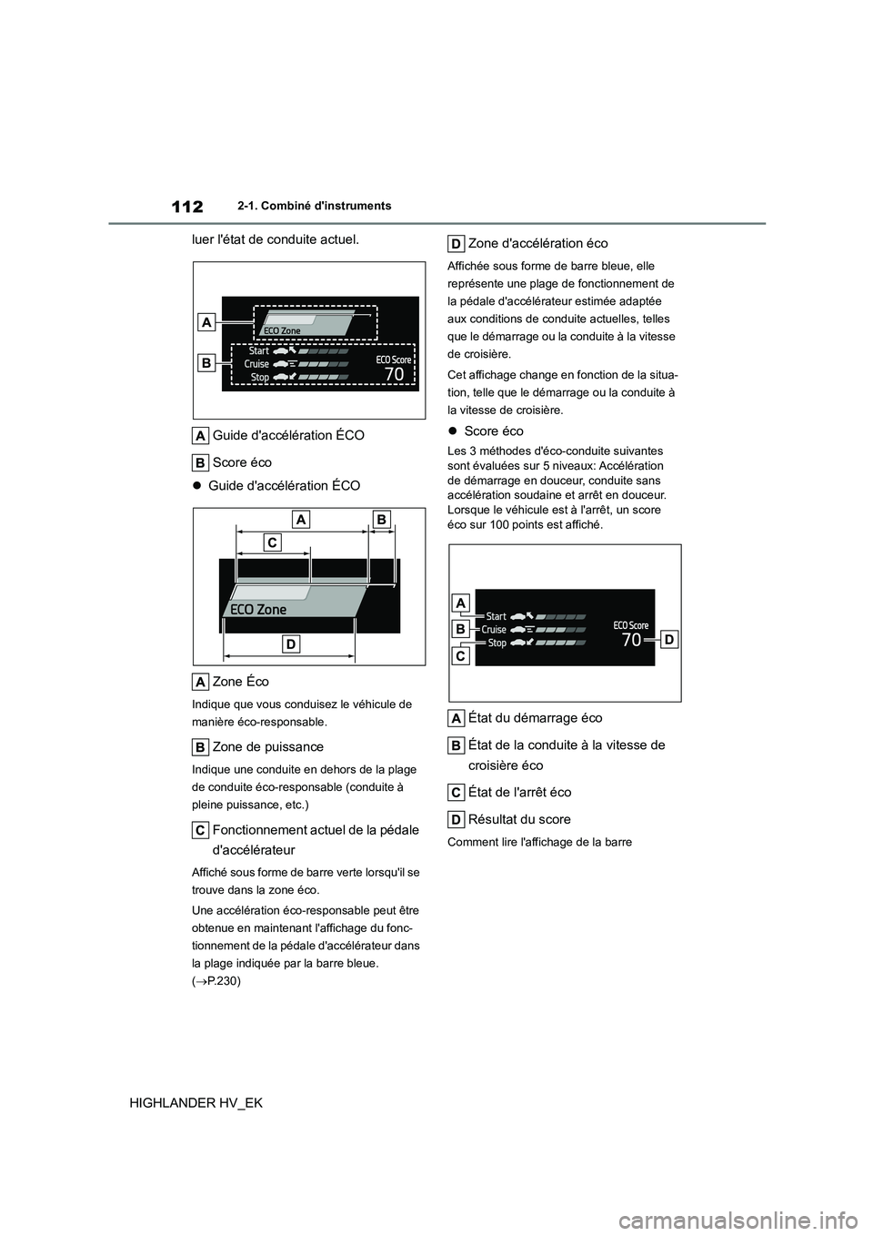 TOYOTA HIGHLANDER 2020 Manuel du propriétaire (in French) 1122-1. Combiné dinstruments
HIGHLANDER HV_EK
luer létat de conduite actuel.
Guide daccélération ÉCO
Score éco
Guide daccélération ÉCO
Zone Éco
Indique que vous conduisez le vé TOYOTA HIGHLANDER 2020 Manuel du propriétaire (in French) 1122-1. Combiné dinstruments
HIGHLANDER HV_EK
luer létat de conduite actuel.
Guide daccélération ÉCO
Score éco
Guide daccélération ÉCO
Zone Éco
Indique que vous conduisez le vé
