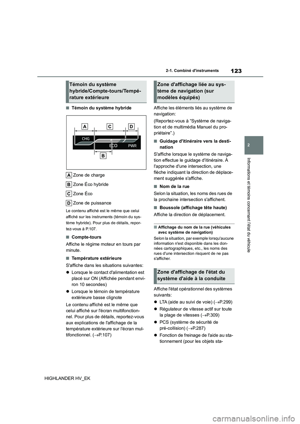 TOYOTA HIGHLANDER 2020 Manuel du propriétaire (in French) 123
2
2-1. Combiné dinstruments
Informations et témoins concernant l’état du véhicule
HIGHLANDER HV_EK
■Témoin du système hybride
Zone de charge
Zone Éco hybride
Zone Éco
Zone de puis TOYOTA HIGHLANDER 2020 Manuel du propriétaire (in French) 123
2
2-1. Combiné dinstruments
Informations et témoins concernant l’état du véhicule
HIGHLANDER HV_EK
■Témoin du système hybride
Zone de charge
Zone Éco hybride
Zone Éco
Zone de puis
