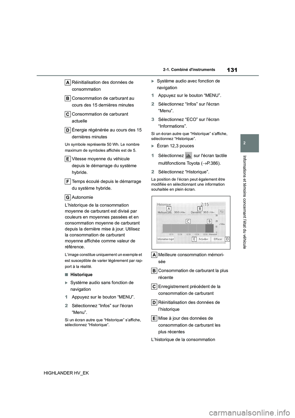 TOYOTA HIGHLANDER 2020  Manuel du propriétaire (in French) 131
2 
2-1. Combiné dinstruments
Informations et témoins concernant l’état du véhicule
HIGHLANDER HV_EK 
Réinitialisation des données de  
consommation 
Consommation de carburant au  
cours d