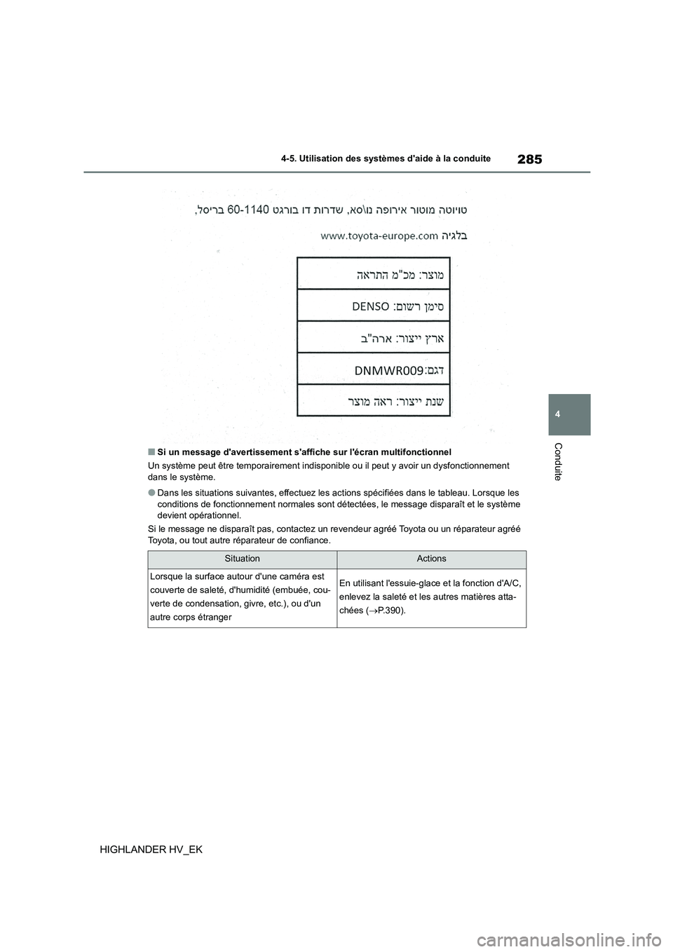 TOYOTA HIGHLANDER 2020 Manuel du propriétaire (in French) 285
4
4-5. Utilisation des systèmes daide à la conduite
Conduite
HIGHLANDER HV_EK
■Si un message davertissement saffiche sur lécran multifonctionnel
Un système peut être temporairement in TOYOTA HIGHLANDER 2020 Manuel du propriétaire (in French) 285
4
4-5. Utilisation des systèmes daide à la conduite
Conduite
HIGHLANDER HV_EK
■Si un message davertissement saffiche sur lécran multifonctionnel
Un système peut être temporairement in
