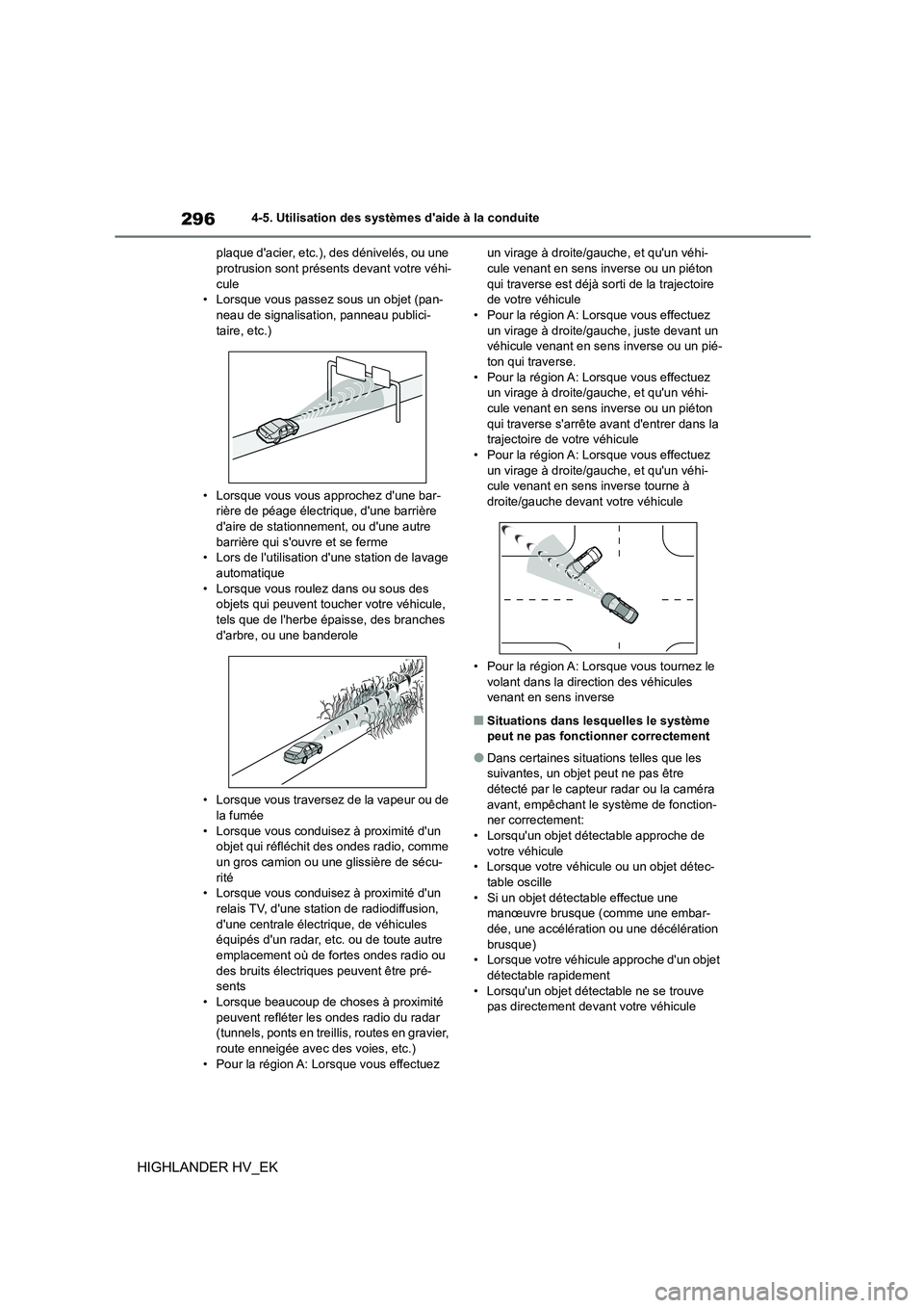 TOYOTA HIGHLANDER 2020 Manuel du propriétaire (in French) 2964-5. Utilisation des systèmes daide à la conduite
HIGHLANDER HV_EK
plaque dacier, etc.), des dénivelés, ou une protrusion sont présents devant votre véhi-
cule
• Lorsque vous passez sou TOYOTA HIGHLANDER 2020 Manuel du propriétaire (in French) 2964-5. Utilisation des systèmes daide à la conduite
HIGHLANDER HV_EK
plaque dacier, etc.), des dénivelés, ou une protrusion sont présents devant votre véhi-
cule
• Lorsque vous passez sou
