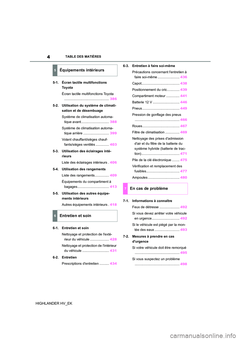 TOYOTA HIGHLANDER 2020  Manuel du propriétaire (in French) 4TABLE DES MATIÈRES
HIGHLANDER HV_EK
5-1. Écran tactile multifonctions  
To y o t a 
Écran tactile multifonctions Toyota 
............................................... 386 
5-2. Utilisation du sy