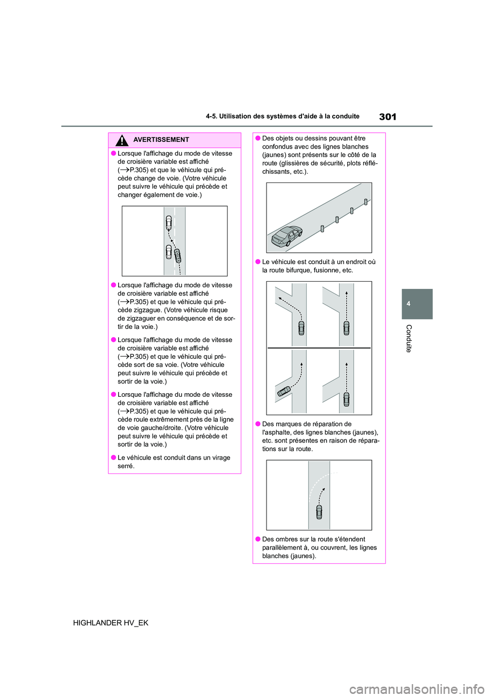 TOYOTA HIGHLANDER 2020  Manuel du propriétaire (in French) 301
4 
4-5. Utilisation des systèmes daide à la conduite
Conduite
HIGHLANDER HV_EK
AVERTISSEMENT
●Lorsque laffichage du mode de vitesse  
de croisière variable est affiché 
(P.305) et que l TOYOTA HIGHLANDER 2020  Manuel du propriétaire (in French) 301
4 
4-5. Utilisation des systèmes daide à la conduite
Conduite
HIGHLANDER HV_EK
AVERTISSEMENT
●Lorsque laffichage du mode de vitesse  
de croisière variable est affiché 
(P.305) et que l