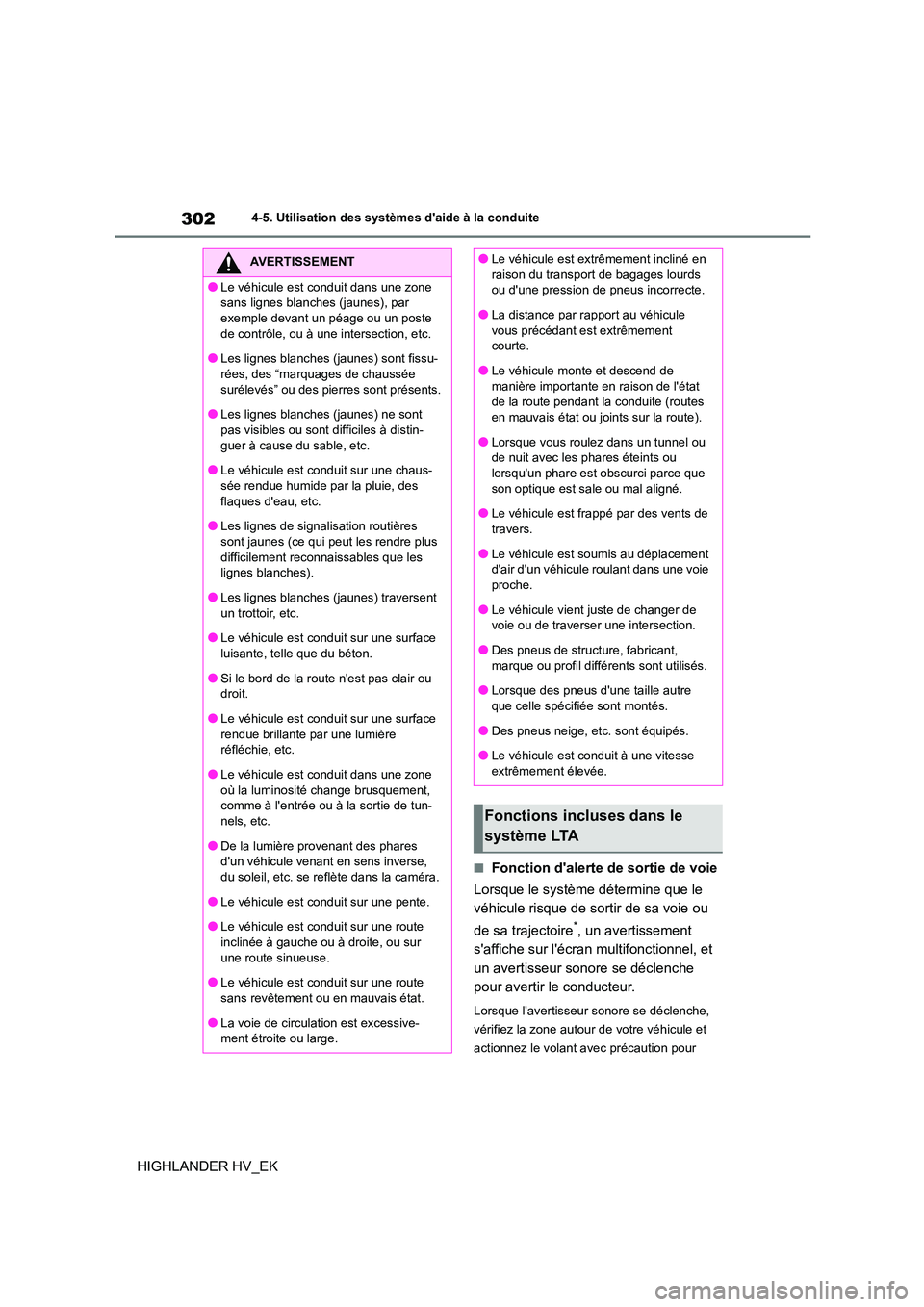 TOYOTA HIGHLANDER 2020  Manuel du propriétaire (in French) 3024-5. Utilisation des systèmes daide à la conduite
HIGHLANDER HV_EK
■Fonction dalerte de sortie de voie 
Lorsque le système détermine que le  
véhicule risque de sortir de sa voie ou  
de s TOYOTA HIGHLANDER 2020  Manuel du propriétaire (in French) 3024-5. Utilisation des systèmes daide à la conduite
HIGHLANDER HV_EK
■Fonction dalerte de sortie de voie 
Lorsque le système détermine que le  
véhicule risque de sortir de sa voie ou  
de s