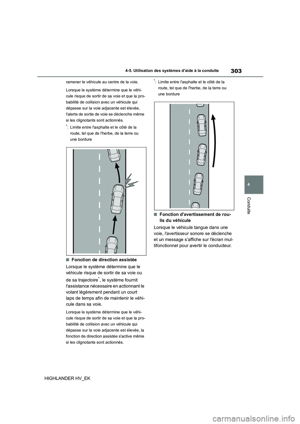 TOYOTA HIGHLANDER 2020  Manuel du propriétaire (in French) 303
4 
4-5. Utilisation des systèmes daide à la conduite
Conduite
HIGHLANDER HV_EK
ramener le véhicule au centre de la voie. 
Lorsque le système détermine que le véhi- 
cule risque de sortir de TOYOTA HIGHLANDER 2020  Manuel du propriétaire (in French) 303
4 
4-5. Utilisation des systèmes daide à la conduite
Conduite
HIGHLANDER HV_EK
ramener le véhicule au centre de la voie. 
Lorsque le système détermine que le véhi- 
cule risque de sortir de