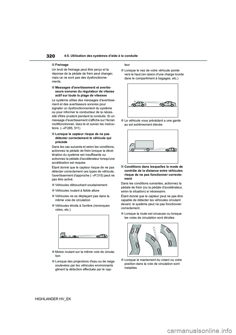 TOYOTA HIGHLANDER 2020 Manuel du propriétaire (in French) 3204-5. Utilisation des systèmes daide à la conduite
HIGHLANDER HV_EK
■Freinage
Un bruit de freinage peut être perçu et la réponse de la pédale de frein peut changer,
mais ce ne sont pas TOYOTA HIGHLANDER 2020 Manuel du propriétaire (in French) 3204-5. Utilisation des systèmes daide à la conduite
HIGHLANDER HV_EK
■Freinage
Un bruit de freinage peut être perçu et la réponse de la pédale de frein peut changer,
mais ce ne sont pas