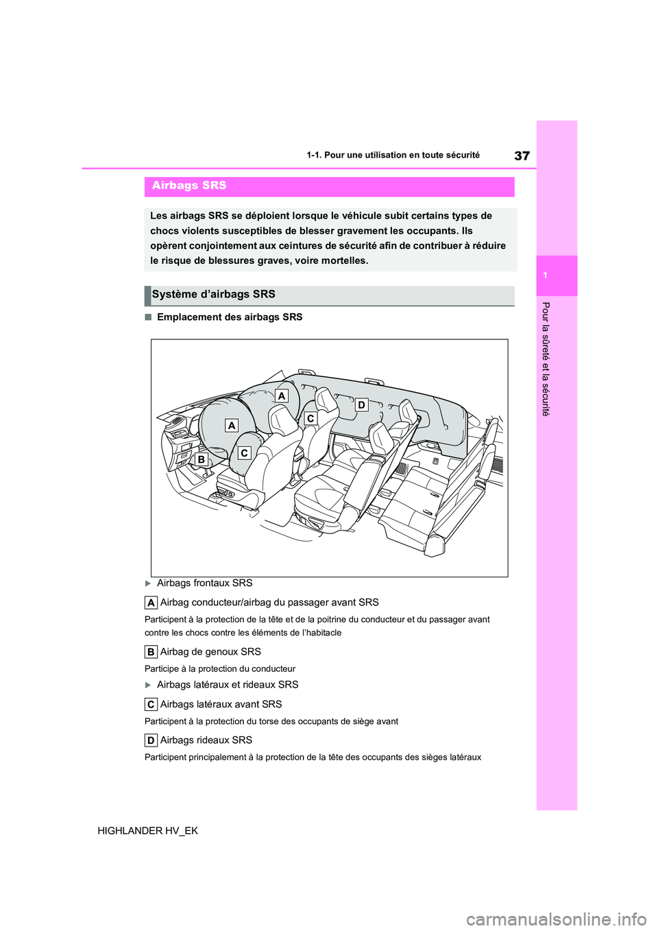 TOYOTA HIGHLANDER 2020 Manuel du propriétaire (in French) 37
1
1-1. Pour une utilisation en toute sécurité
Pour la sûreté et la sécurité
HIGHLANDER HV_EK
■Emplacement des airbags SRS
Airbags frontaux SRS
Airbag conducteur/airbag du passager avan TOYOTA HIGHLANDER 2020 Manuel du propriétaire (in French) 37
1
1-1. Pour une utilisation en toute sécurité
Pour la sûreté et la sécurité
HIGHLANDER HV_EK
■Emplacement des airbags SRS
Airbags frontaux SRS
Airbag conducteur/airbag du passager avan