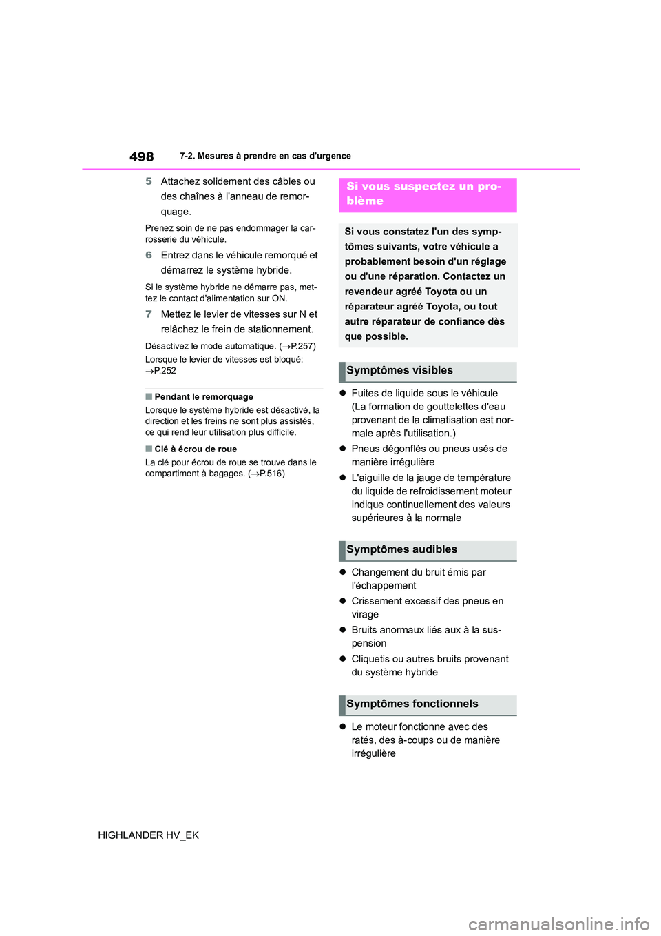 TOYOTA HIGHLANDER 2020 Manuel du propriétaire (in French) 4987-2. Mesures à prendre en cas durgence
HIGHLANDER HV_EK
5 Attachez solidement des câbles ou
des chaînes à lanneau de remor-
quage.
Prenez soin de ne pas endommager la car-
rosserie du vé TOYOTA HIGHLANDER 2020 Manuel du propriétaire (in French) 4987-2. Mesures à prendre en cas durgence
HIGHLANDER HV_EK
5 Attachez solidement des câbles ou
des chaînes à lanneau de remor-
quage.
Prenez soin de ne pas endommager la car-
rosserie du vé