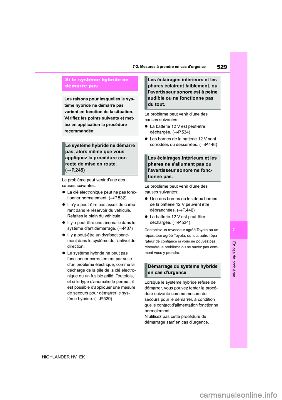 TOYOTA HIGHLANDER 2020 Manuel du propriétaire (in French) 529
7
7-2. Mesures à prendre en cas durgence
En cas de problème
HIGHLANDER HV_EK
Le problème peut venir dune des
causes suivantes:
La clé électronique peut ne pas fonc-
tionner normal TOYOTA HIGHLANDER 2020 Manuel du propriétaire (in French) 529
7
7-2. Mesures à prendre en cas durgence
En cas de problème
HIGHLANDER HV_EK
Le problème peut venir dune des
causes suivantes:
La clé électronique peut ne pas fonc-
tionner normal