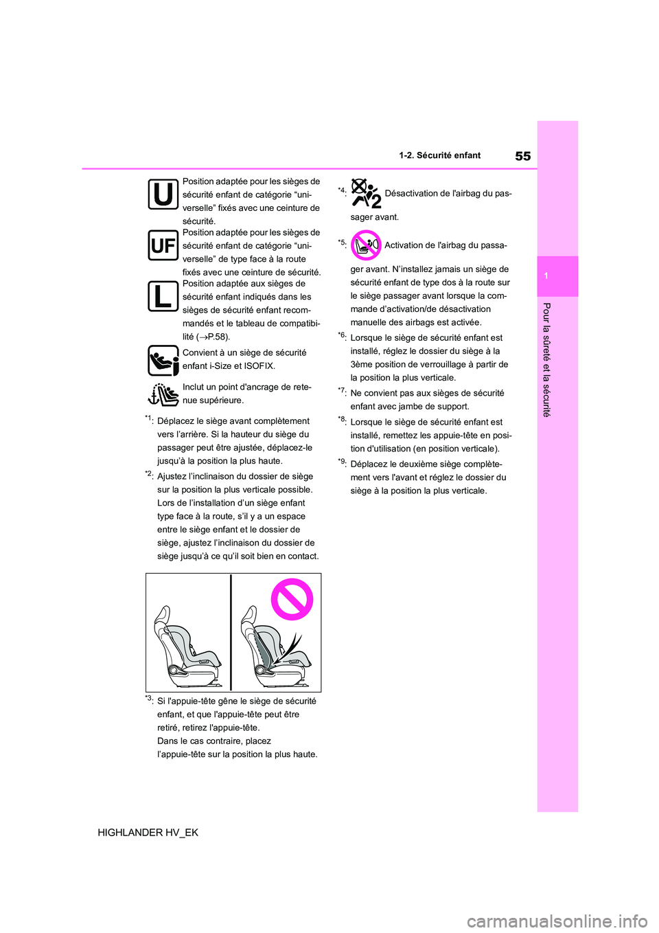 TOYOTA HIGHLANDER 2020  Manuel du propriétaire (in French) 55
1 
1-2. Sécurité enfant
Pour la sûreté et la sécurité
HIGHLANDER HV_EK
*1: Déplacez le siège avant complètement  
vers l’arrière. Si la hauteur du siège du 
passager peut être ajusté