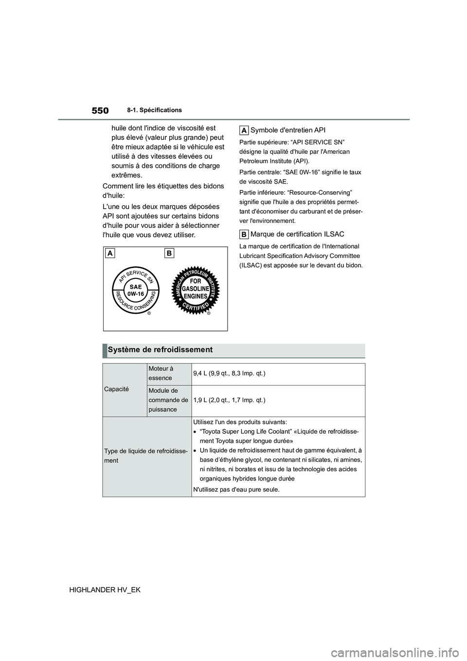 TOYOTA HIGHLANDER 2020 Manuel du propriétaire (in French) 5508-1. Spécifications
HIGHLANDER HV_EK
huile dont lindice de viscosité est
plus élevé (valeur plus grande) peut
être mieux adaptée si le véhicule est
utilisé à des vitesses élevées o TOYOTA HIGHLANDER 2020 Manuel du propriétaire (in French) 5508-1. Spécifications
HIGHLANDER HV_EK
huile dont lindice de viscosité est
plus élevé (valeur plus grande) peut
être mieux adaptée si le véhicule est
utilisé à des vitesses élevées o