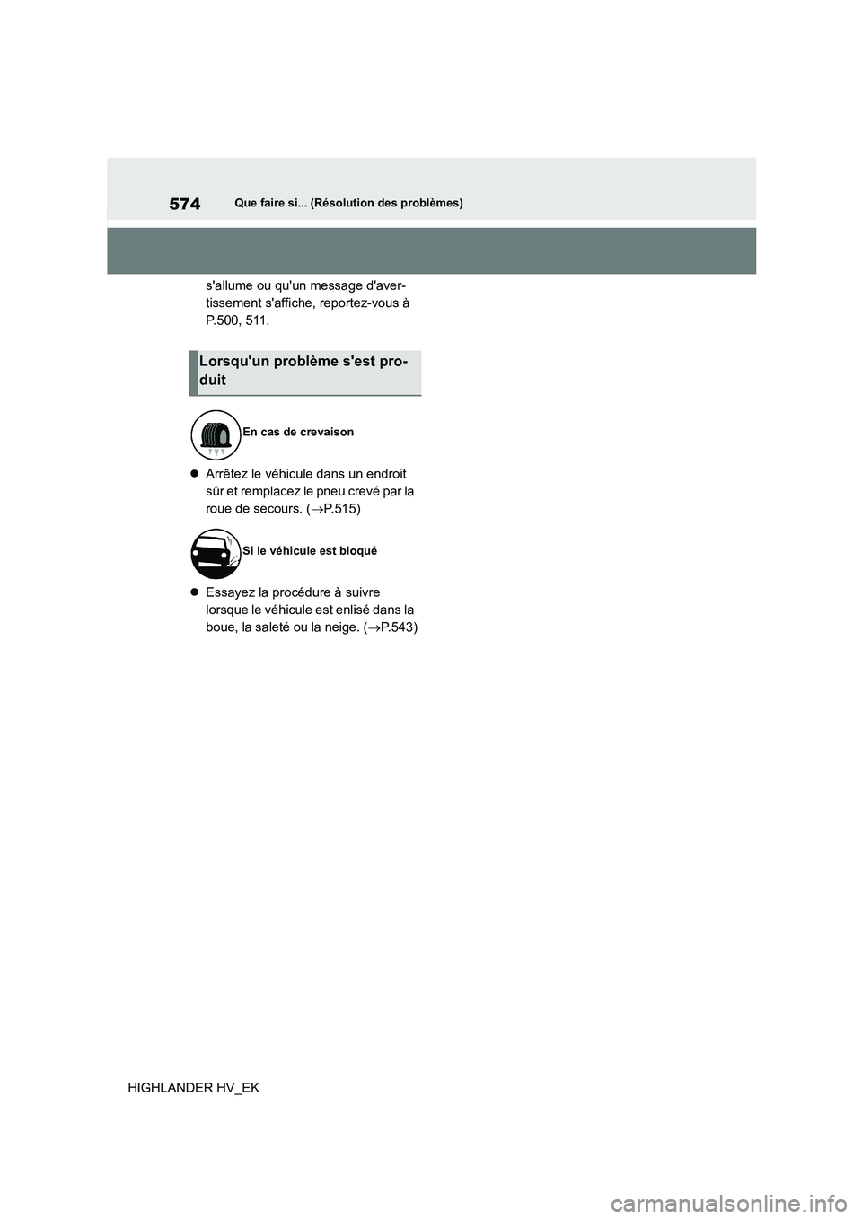 TOYOTA HIGHLANDER 2020 Manuel du propriétaire (in French) 574Que faire si... (Résolution des problèmes)
HIGHLANDER HV_EK
sallume ou quun message daver-
tissement saffiche, reportez-vous à
P.500, 511.
Arrêtez le véhicule dans un endroit
sû TOYOTA HIGHLANDER 2020 Manuel du propriétaire (in French) 574Que faire si... (Résolution des problèmes)
HIGHLANDER HV_EK
sallume ou quun message daver-
tissement saffiche, reportez-vous à
P.500, 511.
Arrêtez le véhicule dans un endroit
sû