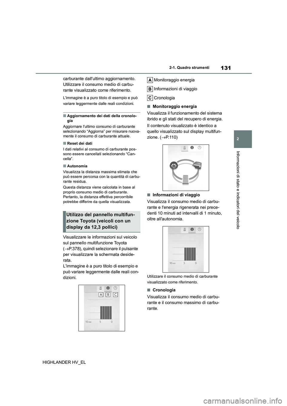 TOYOTA HIGHLANDER 2020  Manuale duso (in Italian) 131
2 
2-1. Quadro strumenti
Informazioni di stato e indicatori del veicolo
HIGHLANDER HV_EL 
carburante dallultimo aggiornamento.  
Utilizzare il consumo medio di carbu-
rante visualizzato come rife