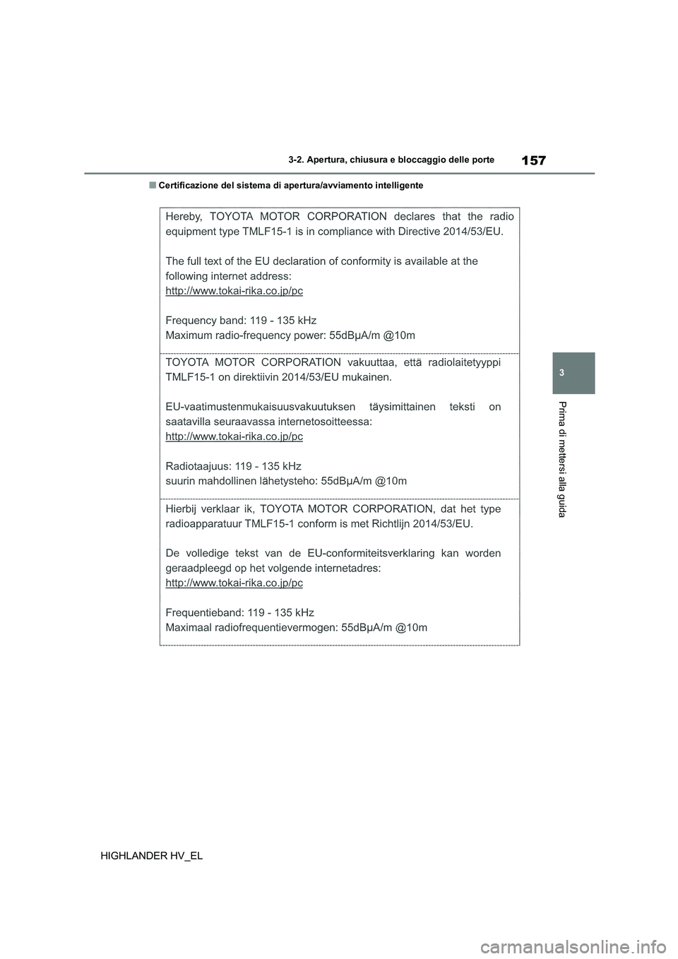 TOYOTA HIGHLANDER 2020  Manuale duso (in Italian) 157
3 
3-2. Apertura, chiusura e bloccaggio delle porte
Prima di mettersi alla guida
HIGHLANDER HV_EL
■Certificazione del sistema di apertura/avviamento intelligente 